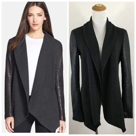 THEORY Black LAURA CLASSICAL Lamb Leather Zip Sleeve Open Front Blazer Jacket - Picture 1 of 13